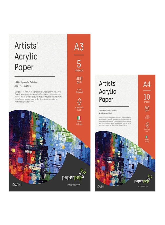PaperPep Artists' Acrylic Paint Paper 300GSM Cold Pressed A3 (Pack of 5) + A4 (Pack of 10) for Acrylic, Watercolour, Gouache, Ink, Wet & Mixed Media, Art Painting, Drawing for Artists' & Amateurs - Image 1